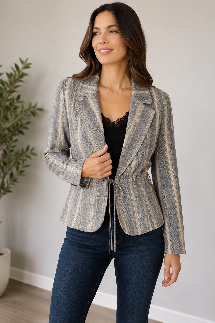 Harvé Bernard Gray & Gold Striped Linen Blend Tie Front Blazer, Size 8